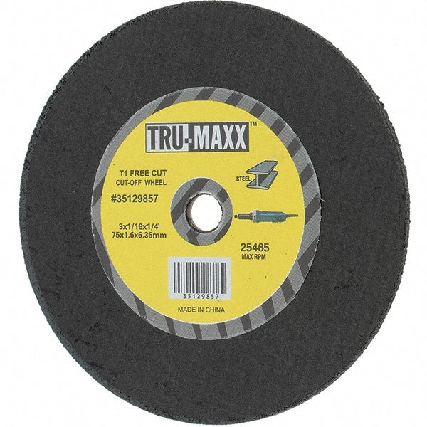 Tru-Maxx - 3" 36 Grit Aluminum Oxide Cutoff Wheel - 1/16" Thick, 1/4" Arbor, Use with Die Grinders - Exact Tooling