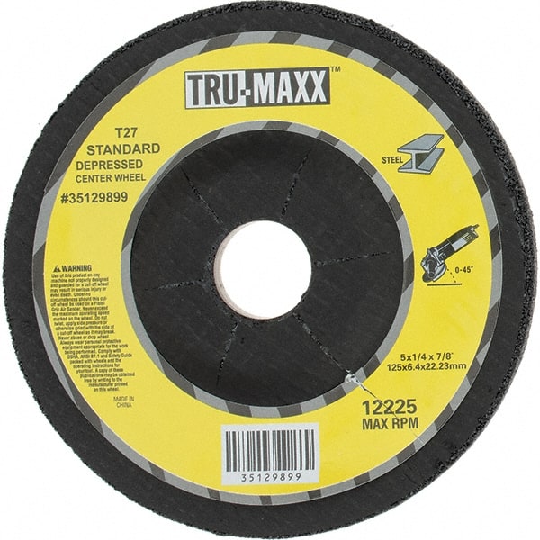 Tru-Maxx - 24 Grit, 5" Wheel Diam, 1/4" Wheel Thickness, 7/8" Arbor Hole, Type 27 Depressed Center Wheel - Coarse Grade, Aluminum Oxide, R Hardness, Compatible with Angle Grinder - Exact Tooling