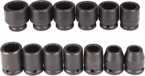 Proto - 13 Piece 3/4" Drive Black Finish Impact Socket Set - 12 Points, 3/4" to 1-1/2" Range, Inch Measurement Standard - Exact Tooling