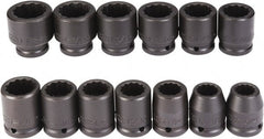 Proto - 13 Piece 3/4" Drive Black Finish Impact Socket Set - 12 Points, 3/4" to 1-1/2" Range, Inch Measurement Standard - Exact Tooling