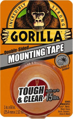 Gorilla Tape - 1" x 60" Acrylic Adhesive Double Sided Tape - 43 mil Thick, Clear, Polyethylene Film Liner, Continuous Roll - Exact Tooling