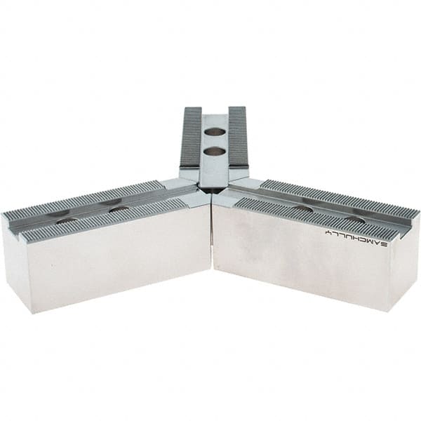 Samchully - 254mm Max Chuck Capacity, 1.5mm x 60° Serrated Interface, Round Soft Lathe Chuck Jaw - 3 Jaw, Steel, 30mm Btw Mount Hole Ctrs, 110mm Long, 40mm Wide, 42mm High, 16mm Groove, M12mm Fastener - Exact Tooling