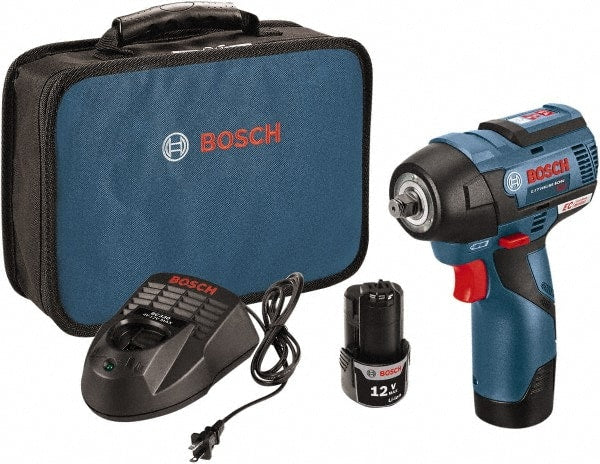 Bosch - 3/8" Drive 12 Volt Pistol Grip Cordless Impact Wrench & Ratchet - 1,200/2,600 RPM, 0 to 3,100 BPM, 85 Ft/Lb Torque, 2 Lithium-Ion Batteries Included - Exact Tooling