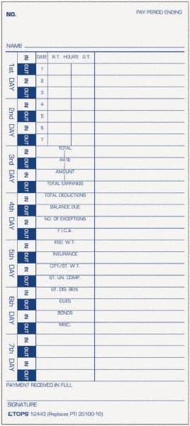 TOPS - 9" High x 4" Wide Weekly Time Cards - White, Use with Pyramid 35100-10 - Exact Tooling