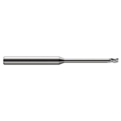 Miniature End Mills - Long Reach, Stub Flute - 0.0250″ Cutter Diameter × 0.0380″ Length of Cut × 0.2030″ (13/64″) Reach Carbide Square End Mill, 3 Flutes