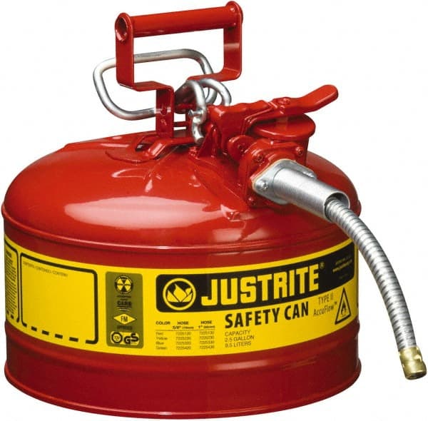 Justrite - 2 Gal Galvanized Steel Type II Safety Can - 13-1/4" High x 9-1/2" Diam, Red with Yellow - Exact Tooling