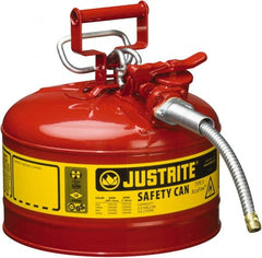 Justrite - 2.5 Gal Galvanized Steel Type II Safety Can - 12" High x 11-3/4" Diam, Red with Yellow - Exact Tooling