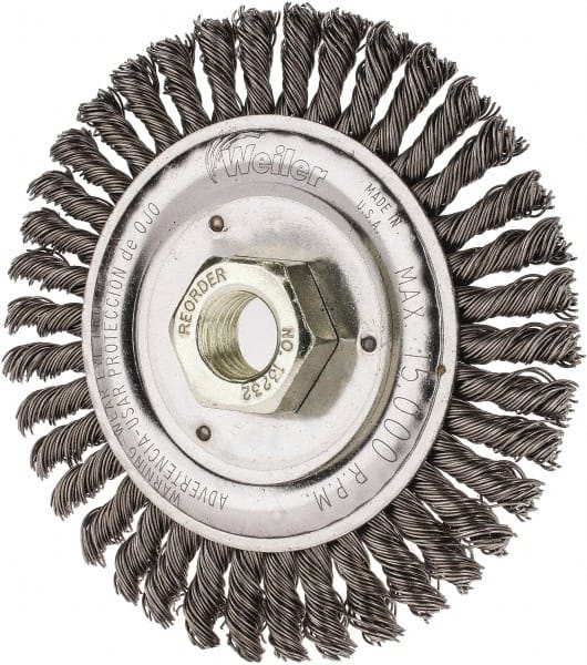 Weiler - 4-1/2" OD, 5/8" Arbor Hole, Knotted Steel Wheel Brush - 3/16" Face Width, 7/8" Trim Length, 0.02" Filament Diam, 12,500 RPM - Exact Tooling