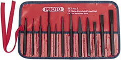 Proto - 12 Piece Punch & Chisel Set - 3/16 to 1/2" Chisel, 3/32 to 3/8" Punch, Hex Shank - Exact Tooling
