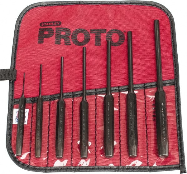 Proto - 7 Piece, 1/16 to 1/4", Pin Punch Set - Hex Shank, Steel, Comes in Tool Roll - Exact Tooling