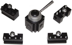 Phase II - Series Hobby Tool Post Holder & Set for 5 to 8" Lathe Swing - 5 Piece, Includes (2) Style 1 Turning Tool Holder, (1) Style 4 Boring Bar Holder, (1) Style 7 Cutoff Holder, (1) Tool Post - Exact Tooling