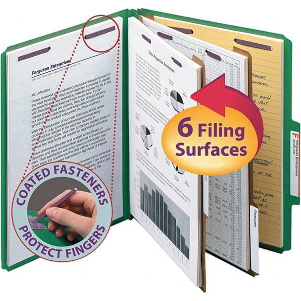 SMEAD - 11-5/8 x 9-1/2", Letter Size, Green, Classification Folders with Top Tab Fastener - 23 Point Stock, Right of Center Tab Cut Location - Exact Tooling