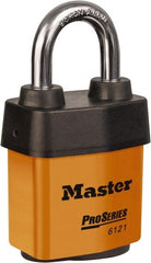 Master Lock - 1-1/8" Shackle Clearance, Keyed Different Padlock - 5/16" Shackle Diam, Laminated Steel - Exact Tooling