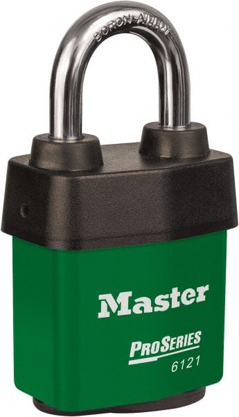 Master Lock - 1-1/8" Shackle Clearance, Keyed Different Padlock - 5/16" Shackle Diam, Laminated Steel - Exact Tooling