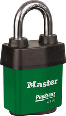 Master Lock - 1-1/8" Shackle Clearance, Keyed Different Padlock - 5/16" Shackle Diam, Laminated Steel - Exact Tooling