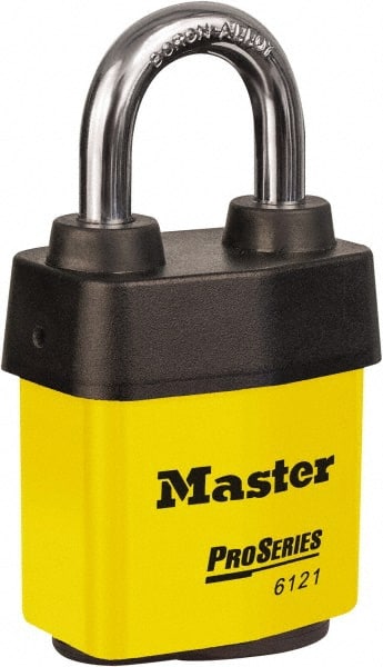 Master Lock - 1-1/8" Shackle Clearance, Keyed Different Padlock - 5/16" Shackle Diam, Laminated Steel - Exact Tooling