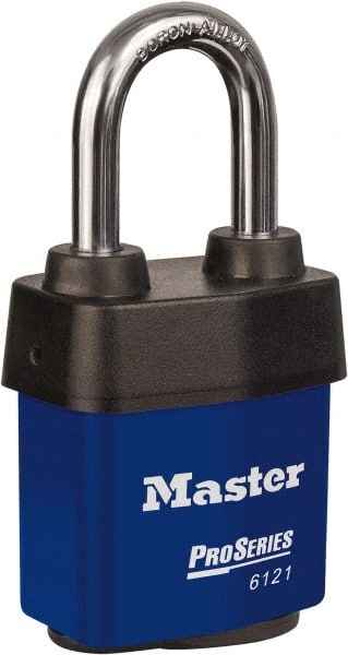 Master Lock - 1-1/2" Shackle Clearance, Keyed Different Padlock - 5/16" Shackle Diam, Laminated Steel - Exact Tooling