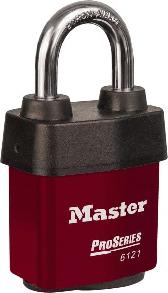 Master Lock - 1-1/8" Shackle Clearance, Keyed Different Padlock - 5/16" Shackle Diam, Laminated Steel - Exact Tooling