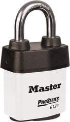 Master Lock - 1-1/8" Shackle Clearance, Keyed Different Padlock - 5/16" Shackle Diam, Laminated Steel - Exact Tooling