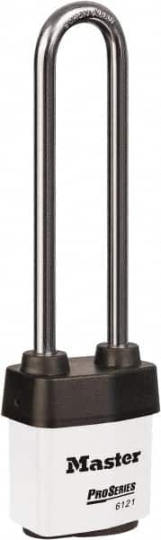 Master Lock - 5-5/8" Shackle Clearance, Keyed Different Padlock - 5/16" Shackle Diam, Laminated Steel - Exact Tooling