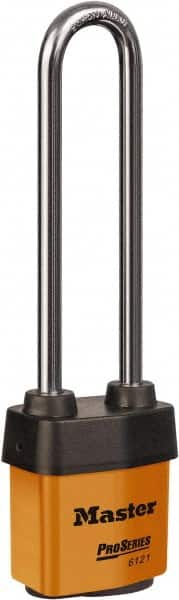 Master Lock - 5-5/8" Shackle Clearance, Keyed Different Padlock - 5/16" Shackle Diam, Laminated Steel - Exact Tooling