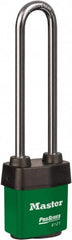 Master Lock - 5-5/8" Shackle Clearance, Keyed Different Padlock - 5/16" Shackle Diam, Laminated Steel - Exact Tooling