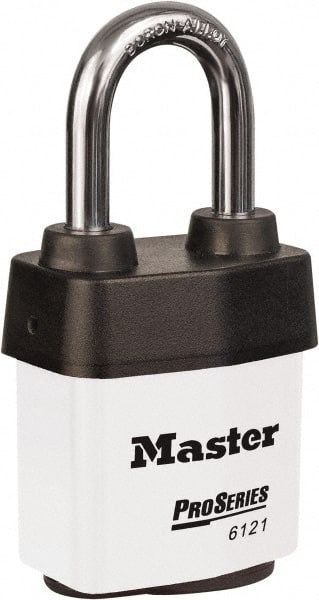Master Lock - 1-1/2" Shackle Clearance, Keyed Different Padlock - 5/16" Shackle Diam, Laminated Steel - Exact Tooling