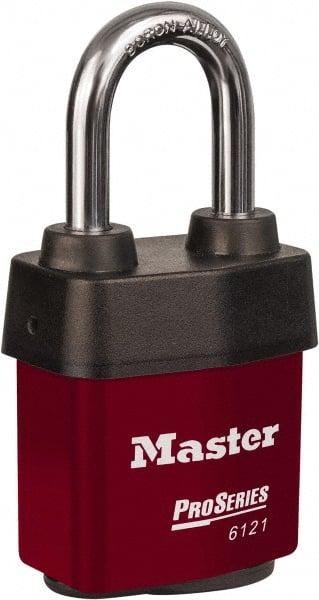 Master Lock - 1-1/2" Shackle Clearance, Keyed Different Padlock - 5/16" Shackle Diam, Laminated Steel - Exact Tooling