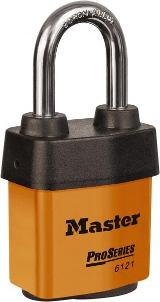 Master Lock - 1-1/2" Shackle Clearance, Keyed Different Padlock - 5/16" Shackle Diam, Laminated Steel - Exact Tooling