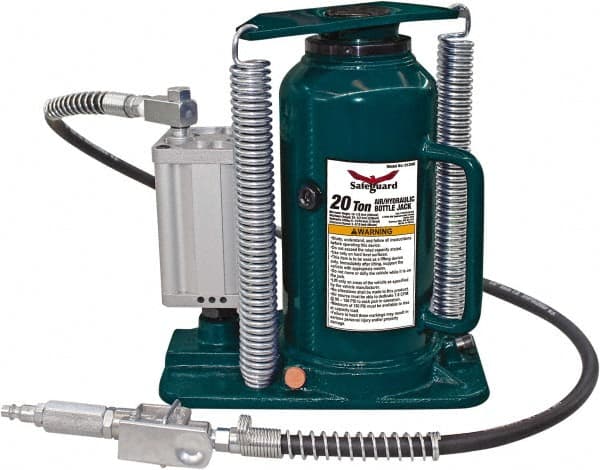 Safeguard - 20 Ton Capacity Air-Actuated Bottle Jack - 10-1/2" to 20-1/2" High, 6.77" Piston Stroke, 1.42" Screw Diam, 2.2" Plunger Diam, 7" Long x 9-1/2" Wide Base - Exact Tooling