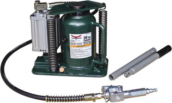 Safeguard - 20 Ton Capacity Air-Actuated Bottle Jack - 8-1/4" to 15-1/2" High, 4.92" Piston Stroke, 3-1/4" Screw Length, 1.42" Screw Diam, 2.2" Plunger Diam, 7" Long x 9-1/2" Wide Base - Exact Tooling