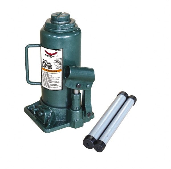 Safeguard - 20 Ton Capacity Hydraulic Bottle Jack - 9-1/2" to 17-3/4" High, 5.91" Piston Stroke, 1-7/8" Screw Length, 1.42" Screw Diam, 2.09" Plunger Diam, 5-15/16" Long x 6-1/4" Wide Base - Exact Tooling