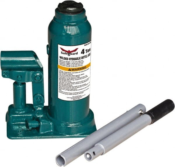 Safeguard - 2 Ton Capacity Hydraulic Bottle Jack - 7-1/2" to 14-3/8" High, 4.53" Piston Stroke, 2-3/8" Screw Length, 0.55" Screw Diam, 0.79" Plunger Diam, 2-1/2" Long x 4-15/16" Wide Base - Exact Tooling
