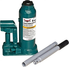 Safeguard - 2 Ton Capacity Hydraulic Bottle Jack - 7-1/2" to 14-3/8" High, 4.53" Piston Stroke, 2-3/8" Screw Length, 0.55" Screw Diam, 0.79" Plunger Diam, 2-1/2" Long x 4-15/16" Wide Base - Exact Tooling