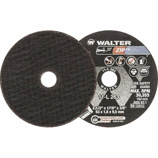 WALTER Surface Technologies - 2-1/2" 24 Grit Aluminum Oxide Cutoff Wheel - 1/16" Thick, 3/8" Arbor, 30,350 Max RPM, Use with Die Grinders - Exact Tooling