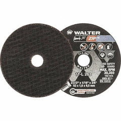 WALTER Surface Technologies - 2-1/2" 24 Grit Aluminum Oxide Cutoff Wheel - 1/16" Thick, 3/8" Arbor, 30,350 Max RPM, Use with Die Grinders - Exact Tooling