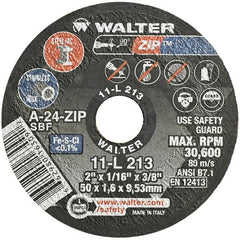 WALTER Surface Technologies - 2" 24 Grit Aluminum Oxide Cutoff Wheel - 1/16" Thick, 3/8" Arbor, 30,600 Max RPM, Use with Die Grinders - Exact Tooling