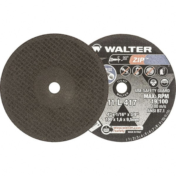 WALTER Surface Technologies - 4" 60 Grit Aluminum Oxide Cutoff Wheel - 1/16" Thick, 3/8" Arbor, 19,100 Max RPM, Use with Die Grinders - Exact Tooling