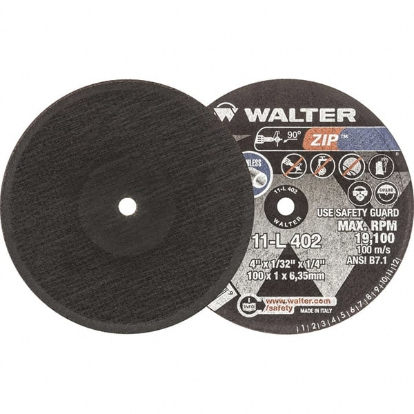 WALTER Surface Technologies - 4" 60 Grit Aluminum Oxide Cutoff Wheel - 1/32" Thick, 1/4" Arbor, 19,100 Max RPM, Use with Die Grinders - Exact Tooling
