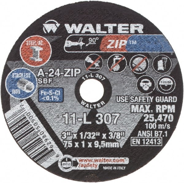WALTER Surface Technologies - 3" 24 Grit Aluminum Oxide Cutoff Wheel - 1/32" Thick, 3/8" Arbor, 25,470 Max RPM, Use with Die Grinders - Exact Tooling