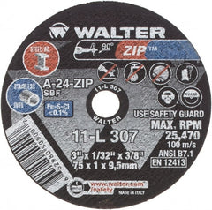 WALTER Surface Technologies - 3" 24 Grit Aluminum Oxide Cutoff Wheel - 1/32" Thick, 3/8" Arbor, 25,470 Max RPM, Use with Die Grinders - Exact Tooling