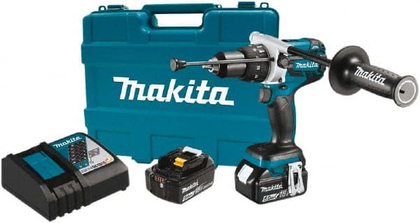 Makita - 18 Volt 1/2" Chuck Pistol Grip Handle Cordless Drill - 0-2100 RPM, Reversible, 2 Lithium-Ion Batteries Included - Exact Tooling