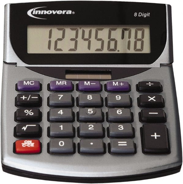 innovera - 8-Digit LCD Portable Calculator - Silver & Black, Solar & Battery Powered, 8.19" Long x 5.98" Wide - Exact Tooling