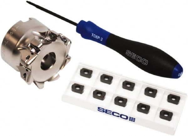 Seco - CVD Finish Micrograin Grade Carbide High Feed Milling Tip Insert Holder Kit - 2" Cut Diam, 2" Shank Diam, 1" OAL, 2" Cut Width, 0.035" Depth of Cut, 8 Flutes, Tool Steel Toolholder, Through Coolant, Series Master Mill - Exact Tooling