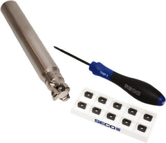 Seco - CVD Finish Micrograin Grade Carbide High Feed Milling Tip Insert Holder Kit - 1" Cut Diam, 1" Shank Diam, 7" OAL, 1" Cut Width, 0.035" Depth of Cut, 3 Flutes, Tool Steel Toolholder, Through Coolant, Series Master Mill - Exact Tooling