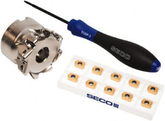 Seco - CVD Finish Micrograin Grade Carbide High Feed Milling Tip Insert Holder Kit - 2" Cut Diam, 2" Shank Diam, 1" OAL, 2" Cut Width, 0.035" Depth of Cut, 8 Flutes, Tool Steel Toolholder, Through Coolant, Series Master Mill - Exact Tooling