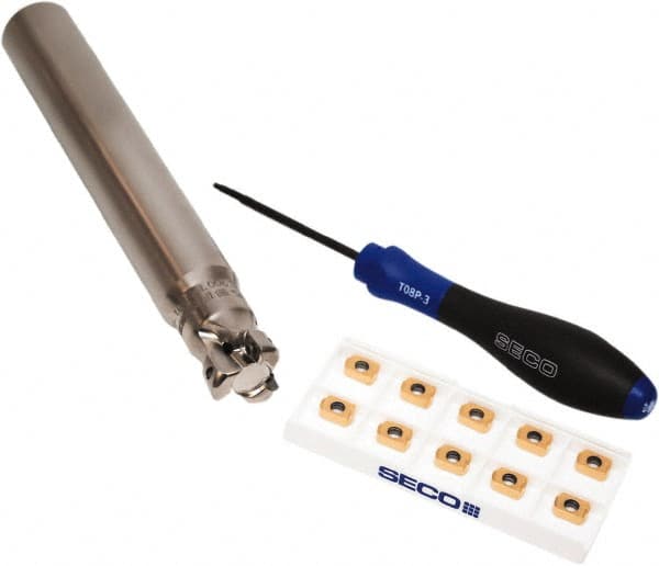 Seco - CVD Finish Micrograin Grade Carbide High Feed Milling Tip Insert Holder Kit - 1" Cut Diam, 1" Shank Diam, 7" OAL, 1" Cut Width, 0.035" Depth of Cut, 3 Flutes, Tool Steel Toolholder, Through Coolant, Series Master Mill - Exact Tooling