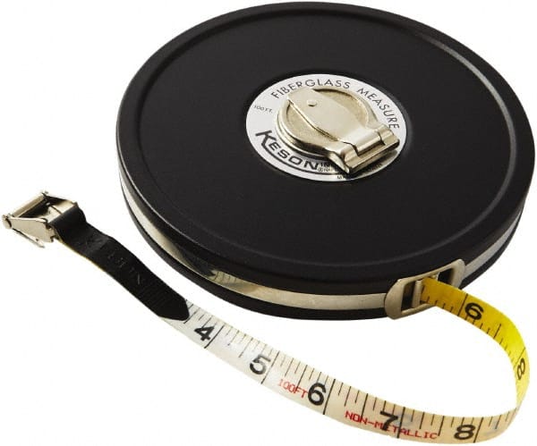 Keson - 100' x 1/2" Tape Measure - 1/8, 1/10 & 1/100" Graduation - Exact Tooling