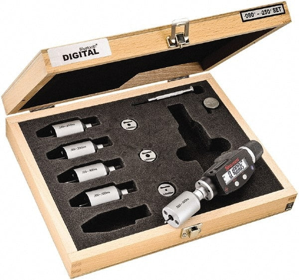 Starrett - 2 to 6mm, 18mm Gage Depth, 0.001mm Resolution, Friction Thimble, IP65 Electronic Inside Hole Micrometer Set - Accurate to 0.004mm, 1 Head, 5 Anvils, 3 Setting Rings, Data Output, Instant Inch/Millimeter Conversion - Exact Tooling