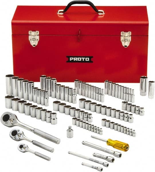 Proto - 101 Piece 1/4", 3/8" & 1/2" Drive Chrome Finish Deep Well Socket Set - 6, 8, 12 Points, 1/4" to 1" (4mm to 19mm) Range, Inch/Metric Measurement Standard - Exact Tooling